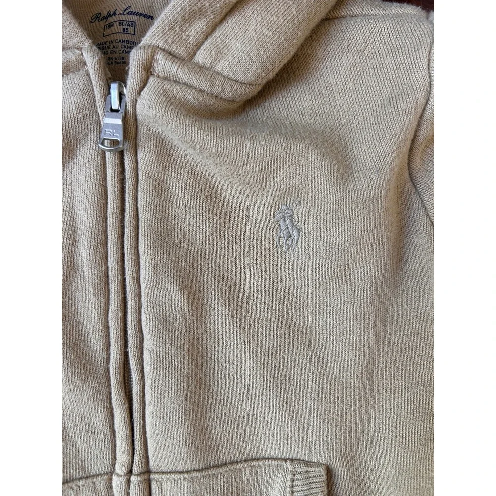 Ralph Lauren Toddler Boys Tan Beige Zip Up Hoodie Sweatshirt 18M Pony Logo